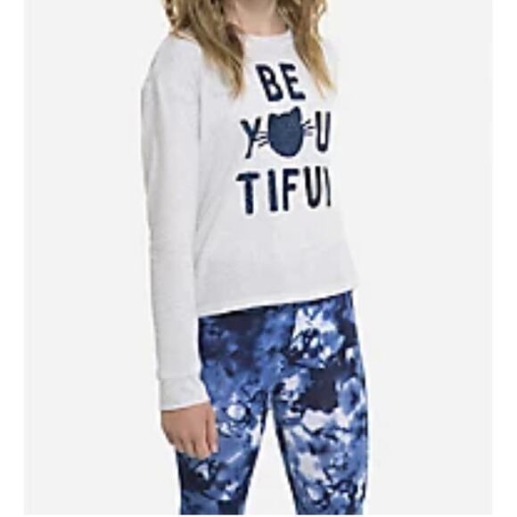 Justice Gray Blue Sparkle Be Beyoutiful Cat Girls’ Long Sleeve Top Size 14/16 - Picture 1 of 5